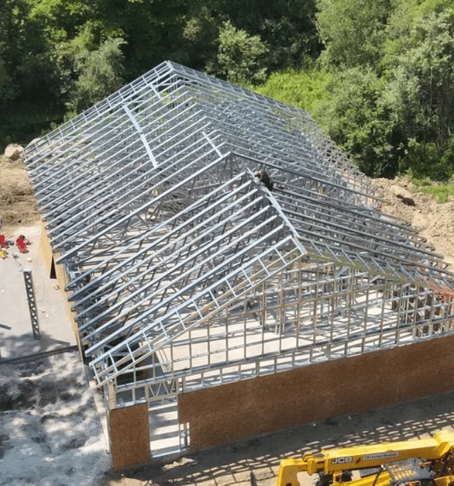 Aerial view of steel frame barndominium construction in Ohio