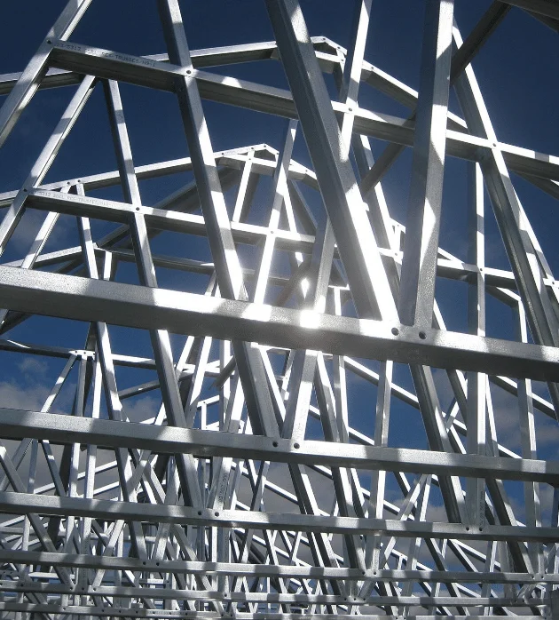 Close-up of galvanized steel roof trusses for Ohio barndo