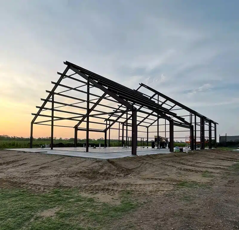 Barndominium frame at sunset in Ohio